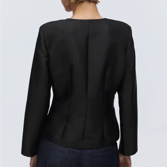 H&M NWT black satin open neck button front cardigan blazer jacket top - Picture 4 of 8